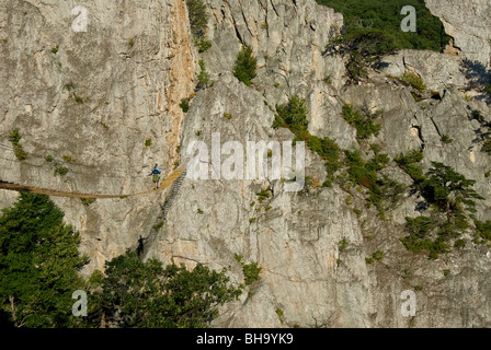 L uomo e il suo figlio attraversando il piede oscillante ponte sulla Via Ferrata a Nelson rocce, WV. Foto Stock