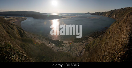 Panorama della foce del fiume Avon, Bigbury sul mare, a sud prosciutti, Devon, Regno Unito Foto Stock