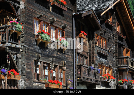 In legno tradizionali case / chalet con gerani in estate in Svizzera al villaggio alpino Grimentz, Valais / Wallis, Svizzera Foto Stock