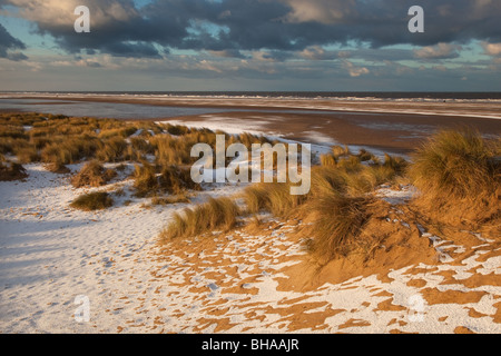 Neve che ricoprono le dune di sabbia e spiaggia a Holkham Bay sulla costa di Norfolk in inverno Foto Stock