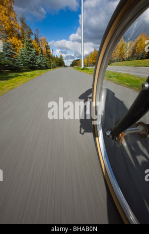 Ampio angolo di visione di un biycle pneumatico in movimento su di una pista ciclabile di Anchorage, centromeridionale Alaska, Autunno Foto Stock