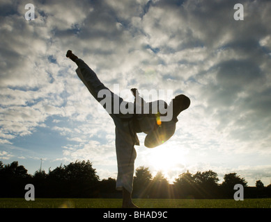 Giovane uomo esegue il Karate kick davanti ad un tramonto REGNO UNITO Foto Stock