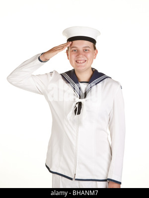 Giovani femmine sailor salutando isolato su bianco Foto Stock