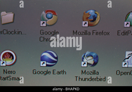 Computer icone sul desktop Google Chrome, Mozilla Thunderbird, Google Earth, Mozilla Firefox - screenshot Foto Stock