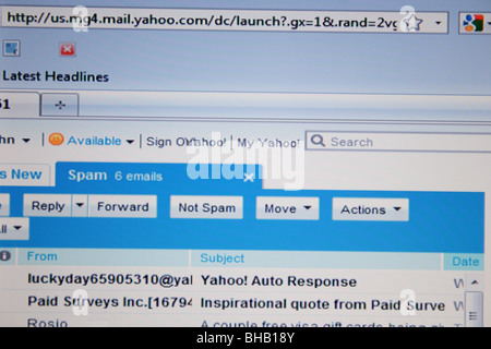 Yahoo account di posta elettronica che mostra i messaggi di spam Foto Stock