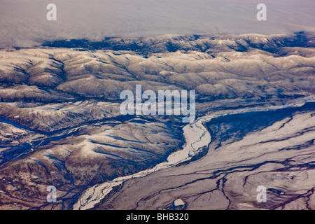 Vista aerea della pedemontana dell'Alaska Range dal lato nord, Interior Alaska, inverno Foto Stock