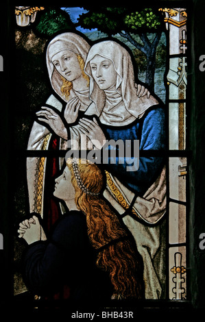 Una vetrata raffigurante le tre Marie presso la tomba di Gesù Cristo, Tollerton Chiesa, North Yorkshire Foto Stock