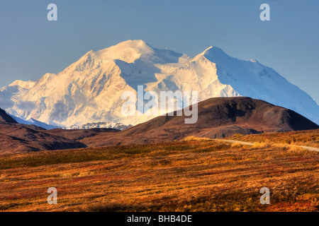 Vista panoramica di Mt. McKinley e tundra colorati durante la stagione autunnale nel Parco Nazionale di Denali, Alaska Foto Stock