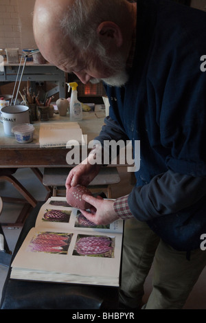 Kelso in ceramica, Scotland, Regno Unito - potter Ian Hird al lavoro studiando le foto ha preso dei fiori fritillary, lavorando su un nuovo desi Foto Stock