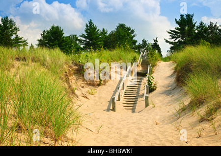 Scale di legno oltre le dune in spiaggia. Pineta parco provinciale, Ontario Canada Foto Stock