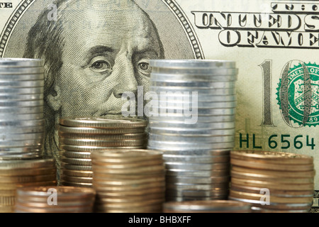 Dollar denominazioni con belle monete Foto Stock