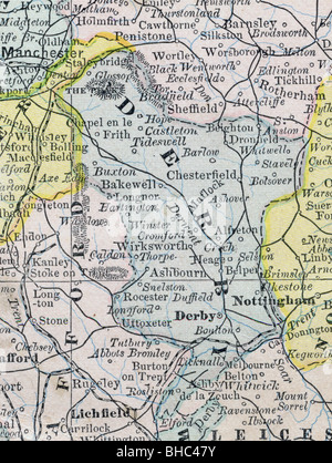 Originale vecchia mappa di Derby County dal 1884 la geografia di un libro di testo Foto Stock