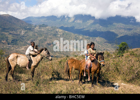 I ragazzi e le ragazze di ritornare con sacchi di disposizioni sul pony di montagna sopra il villaggio Welua Timor Orientale Foto Stock