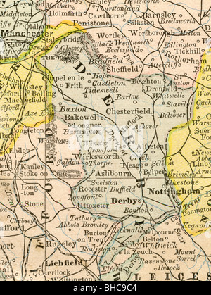 Originale vecchia mappa di Derby County dal 1884 la geografia di un libro di testo Foto Stock