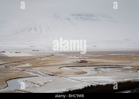 Terre agricole durante l'inverno. Skagafjordur Islanda Foto Stock