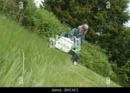 Erba di fresatura con un Etesia sedersi sul tosaerba Foto Stock