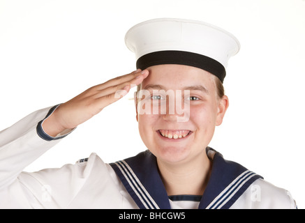 Giovani femmine sailor salutando isolato su bianco Foto Stock