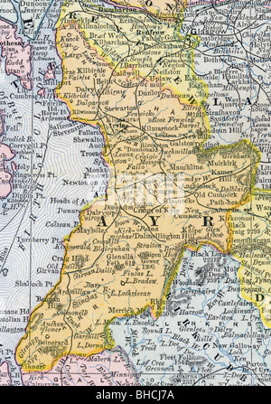 Originale vecchia mappa di Ayr contea da 1884 geografia di un libro di testo Foto Stock