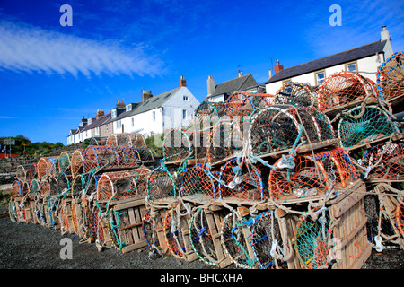 Aragosta e attività di pesca del granchio pentole nel porto di villaggio Craster Nord Northumberland Coast Northumbria County Inghilterra REGNO UNITO Foto Stock