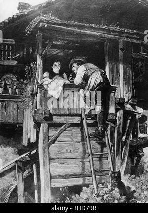 Persone, amore, amante che sale attraverso la finestra della sua dolce, incisione in legno di Konrad Grob, 1887, Foto Stock