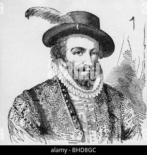 Raleigh, Walter, Sir, circa 1554 - 29.10.1618, navigatore inglese, ritratto, incisione in legno, 19th secolo, Foto Stock