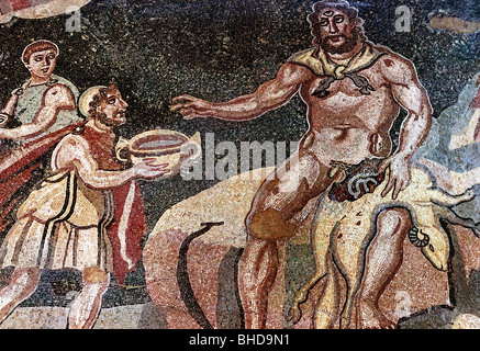 Belle arti, Impero Romano, mosaico, scena da "Ulisse e Polifemo', Piazza Amerina, Sicilia, circa del IV secolo D.C., tramandando bow Foto Stock