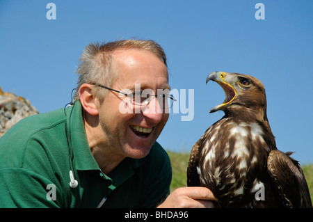 Falkner jungem mit Steinadler (Aquila chrysaetos) Falconer con giovani Golden Eagle • Baden-Wuerttemberg; Deutschland; Germania Foto Stock