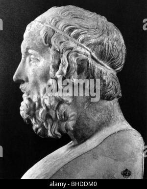 Homer, circa 800 a.C., poeta epico greco, capo di un antico herm, British Museum, Londra, Foto Stock