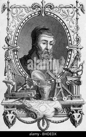 Archimedes, circa 285 - 212 a.C., matematico greco, ritratto, incisione anonima del legno dopo ritratto da medaglia, Lipsia, 1876, Foto Stock
