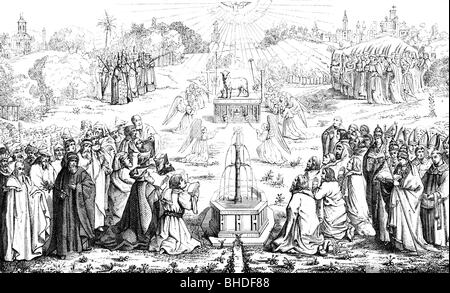 Eyck, Jan van, circa 1390 - 9.7.1441, artista olandese (pittore), Gand altare, pezzo centrale, l adorazione del mistico Agnello, 1432, Foto Stock