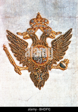 Araldica, stemma, Russia, aquila a doppia testa, ricamo dorato, circa 19th secolo, storico, storico, aquila a due teste, doppia, regalia, insegne imperiali, corona, Foto Stock