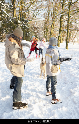Famiglia avente lotta con le palle di neve nel bosco innevato Foto Stock