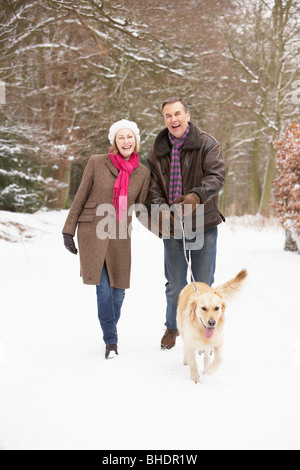 Coppia senior cane a piedi attraverso il bosco innevato Foto Stock