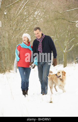 Coppia senior cane a piedi attraverso il bosco innevato Foto Stock