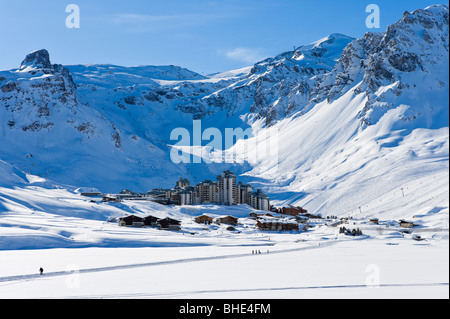 Vista della Val Claret da Tignes Le Lac, Tignes, Espace Killy, Tarentaise, Savoie, Francia Foto Stock