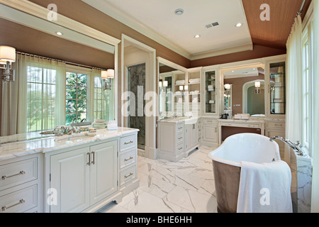 Bagno principale in casa di lusso con retro vista cortile Foto Stock