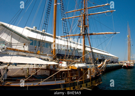 Le navi a vela ormeggiata a Elizabeth Street Pier, che ora ospita il Somerset sul molo di appartamenti. Hobart, Tasmania, Australia Foto Stock