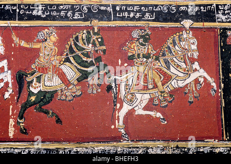 Due hundered anno il vecchio Ramayana murales sulle pareti in Bodinayakanur Palace vicino a Madurai, Tamil Nadu. Foto Stock