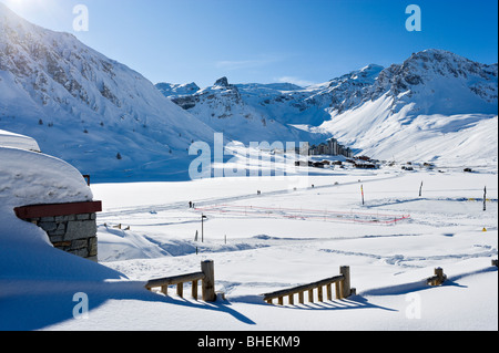 Vista della Val Claret da Tignes Le Lac, Tignes, Espace Killy, Tarentaise, Savoie, Francia Foto Stock