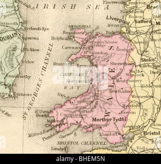 Mappa vecchia del Galles originali dalla geografia textbook, 1879 Foto Stock
