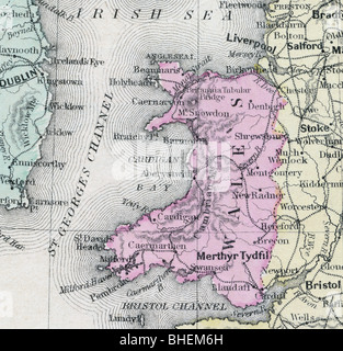 Mappa vecchia del Galles originali dalla geografia textbook, 1879 Foto Stock