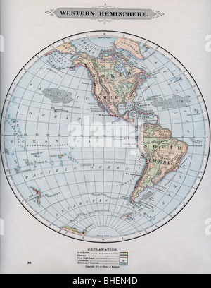 Mappa vecchia dell emisfero occidentale originali dalla geografia textbook, 1903 Foto Stock