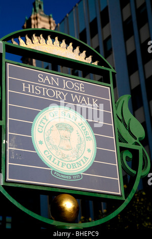 Segno per la storia a piedi, Santa Clara Street, San José, in California, Stati Uniti d'America Foto Stock