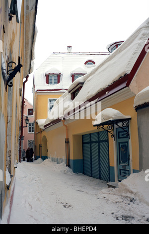 Coperta di neve street nella Città Vecchia di Tallinn, Estonia. Foto Stock