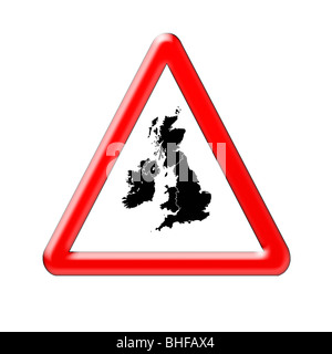 Cartello stradale, che illustra 'Avvertenza o Attenzione' UK. Rappresentazione grafica della paura di vivere in Gran Bretagna e il Regno Unito Foto Stock
