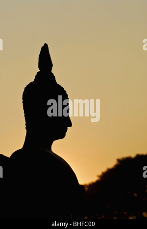 Silhouette di testa del Budda, Wat Mahathat, Sukothai parco storico, Tailandia Centrale, Asia Foto Stock