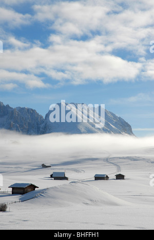 Aleggia di nebbia oltre il paesaggio invernale con capanne alpine, Alpe di Siusi Alto Adige, Italia, Europa Foto Stock