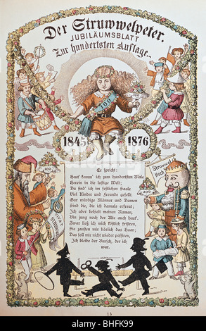 Letteratura, 'er Struwwelpeter' (Shaggy Peter), illustrazione di Heinrich Hoffmann, copertina, 1876, Foto Stock