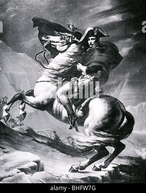 Napoleone Bonaparte - francese leader militare (1769-1821) Incisione del 1800 dipinto 'Napoleone attraversamento delle Alpi" di David Foto Stock