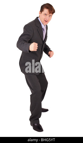 Imprenditore di combattimento è determinato ad agire su sfondo bianco Foto Stock